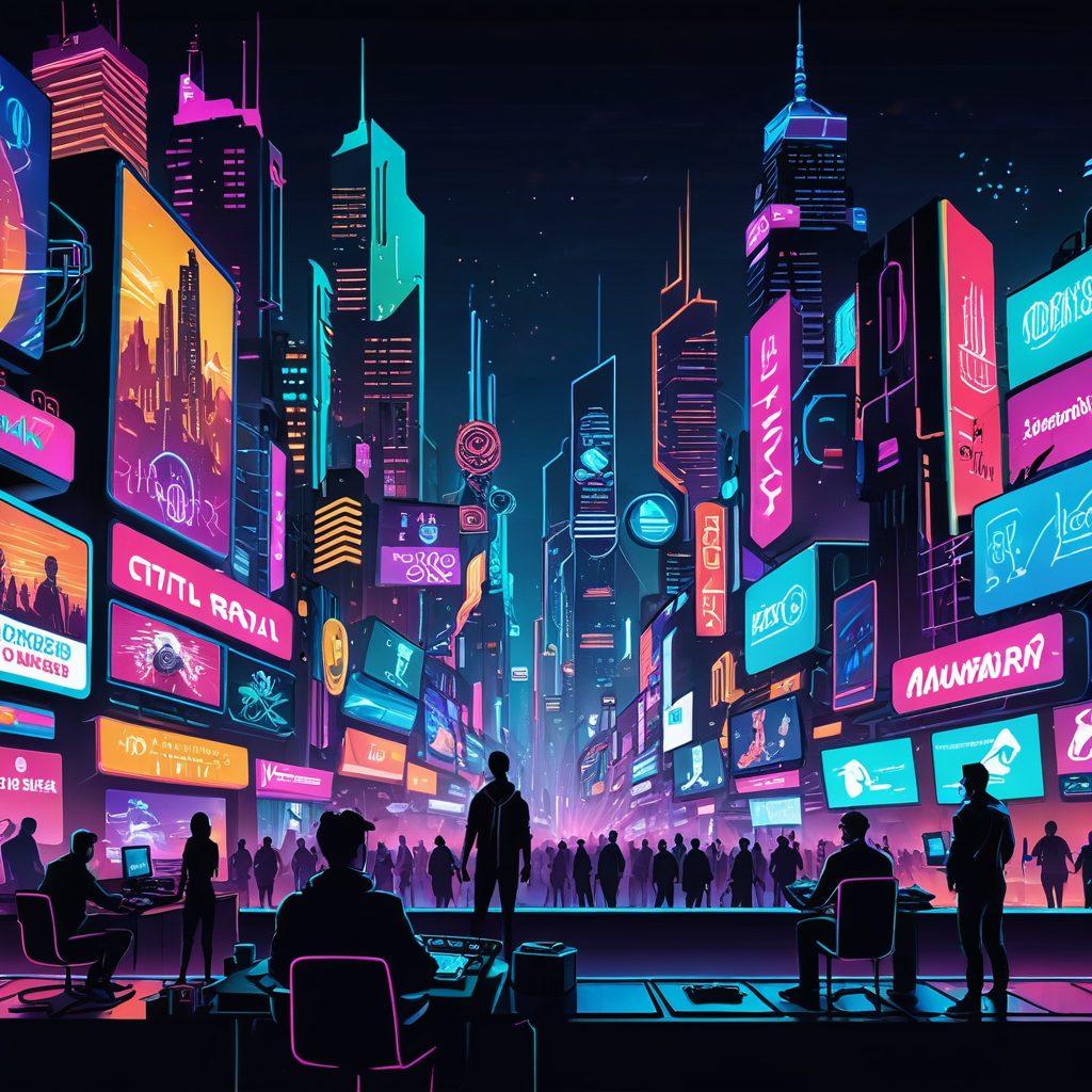 A whimsical digital landscape filled with vibrant colorful icons representing various adult entertainment platforms, such as film reels, game controllers, and playful characters exploring different sections. The scene should have a futuristic city skyline in the background with neon lights and interactive elements, inviting viewers to explore. Incorporate elements of technology like VR headsets and streaming devices to enhance the theme. vector art. vibrant colors. cyberpunk.