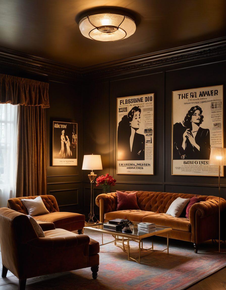 A vibrant, sultry scene featuring a vintage film projector casting alluring silhouettes on the wall, surrounded by classic movie posters with sensual themes. Include a cozy, dimly lit room filled with plush velvet furniture and a hint of glamour. Soft glowing lights and a touch of modern digital elements to signify the mix of classic and contemporary adult themes. The atmosphere should exude intimacy and allure. super-realistic. warm tones. cinematic lighting.