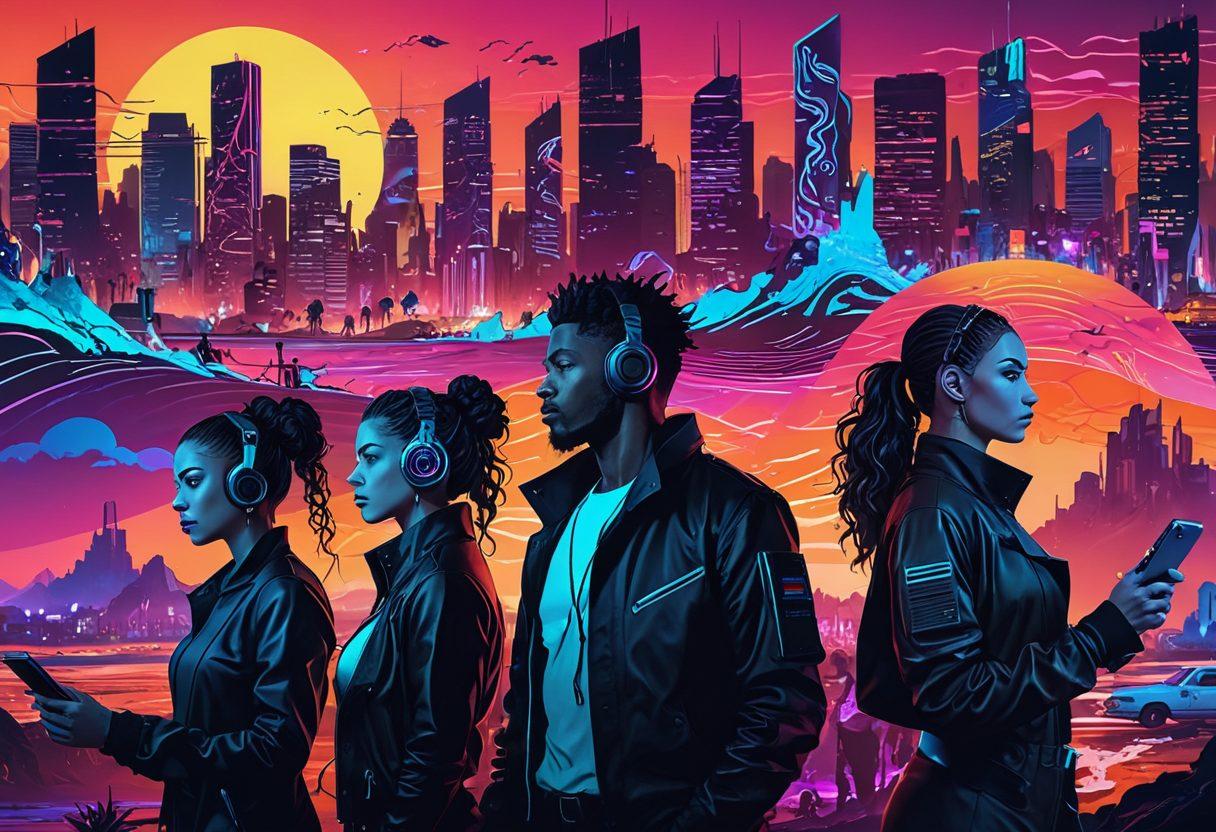 A captivating collage of diverse adult streaming icons and media players, set against a vibrant digital landscape symbolizing online exploration. Include silhouettes of individuals engaged in various streaming activities, emphasizing inclusivity and diversity. The background features abstract waves or fluid shapes representing the 'new wave' concept. Bright neon colors create an engaging atmosphere. cyberpunk. vibrant colors. digital art.